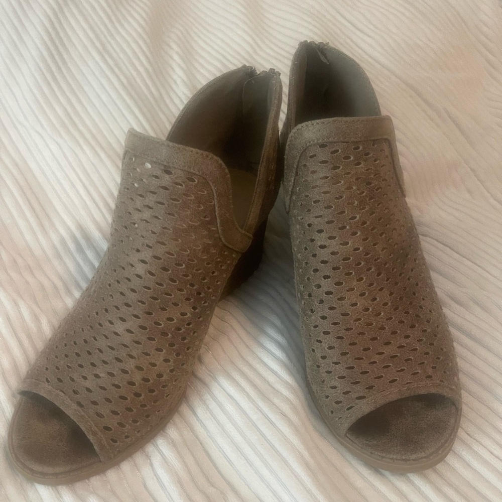 Qupid Tan Perforated Peep-Toe Mules